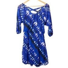 Express Blue Tie Dye Criss Cross Back Sheer Chiffon Dolman Sleeve Mini Dress