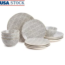 12 Piece Stoneware Dinnerware Set Black White Dot Dishwasher Safe Tableware New