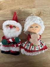 Vintage Russ Santa  Mrs Claus Plush Cloth Ornaments 5  Free Shipping