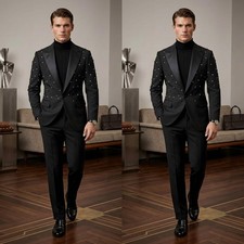 2Pcs Men Suits Slim Fit Peak Lapel Coat Pearl Beaded Jacket Black Evening Jacket