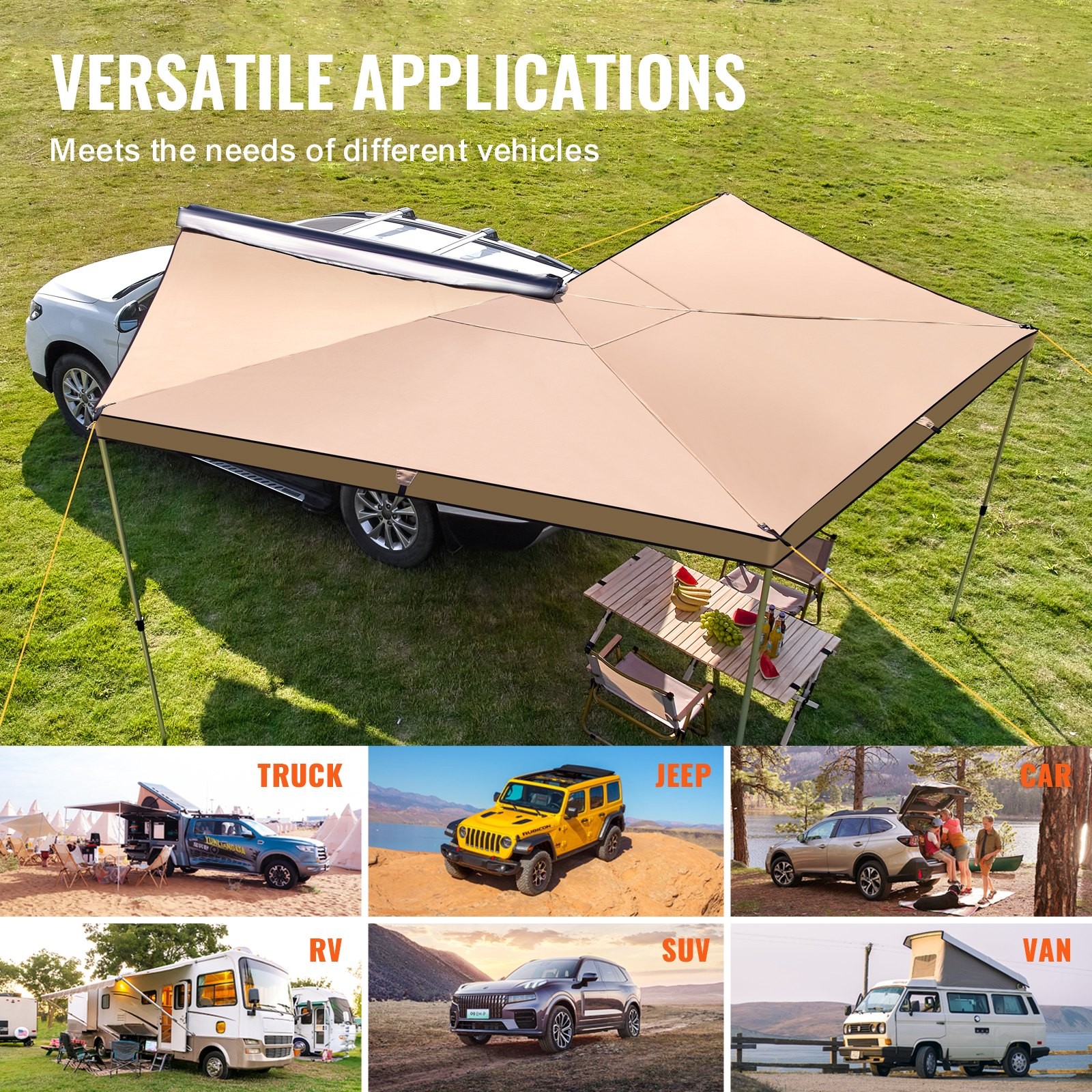 VEVOR Vehicle Awning 270 Degree, 8.2' Height Retractable Car Side Awning, PU3000