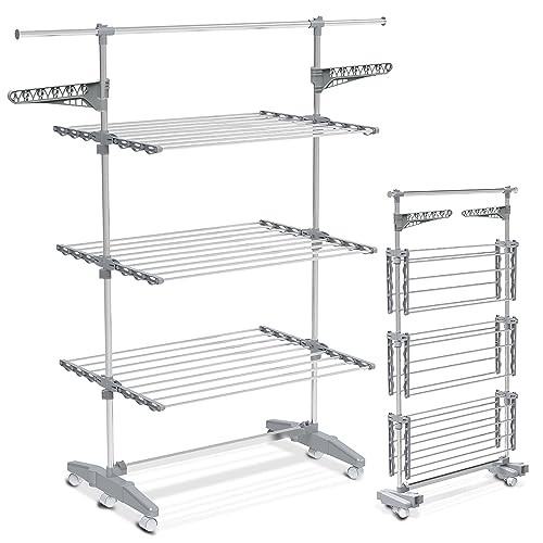 VOUNOT Large 3 Tier Clothes Airer Drying Rack Foldable Grey Stainless Steel 23m Drying Space - Image 2