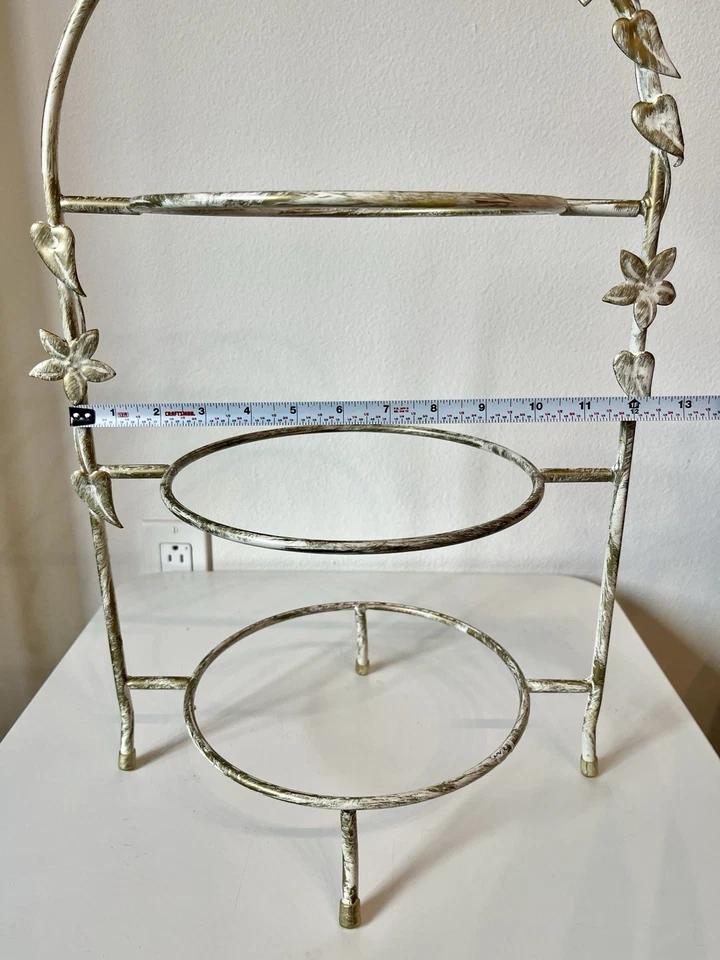 Metal 3-Tier Plate Serving Stand Flower & Leaf Design Gold/White Antique Look - Image 4 of 4