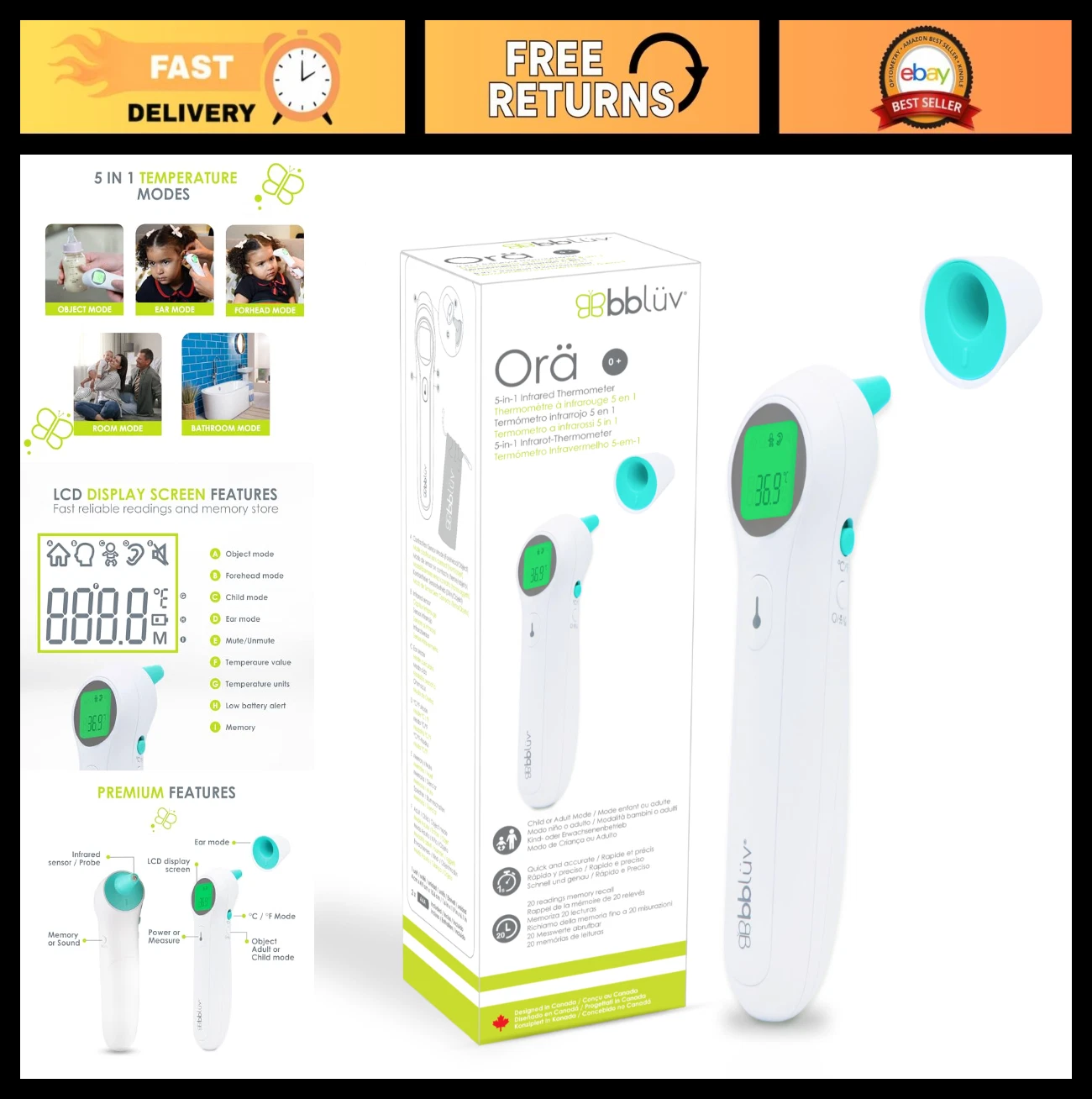 Non-Contact Infrared Thermometer 5-in-1 LED Display for Babies, Kids & Adults -