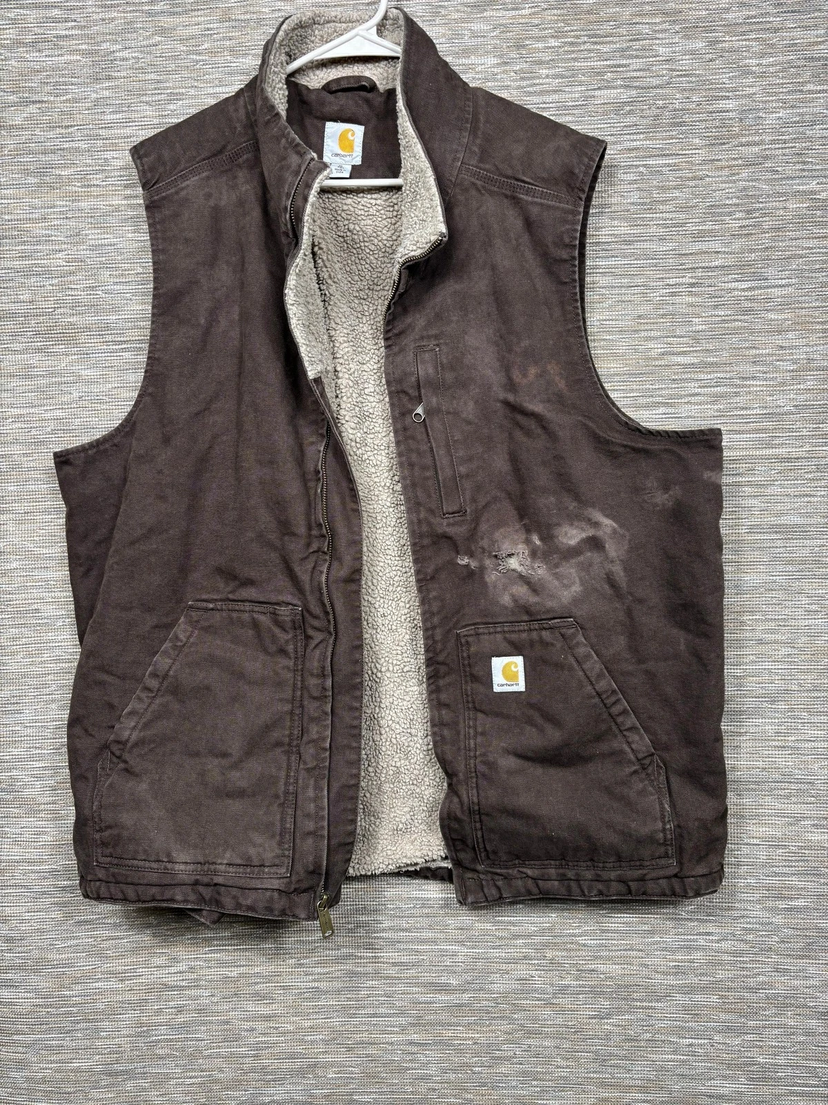 Carhartt Vest Mens XLT Brown Sherpa Lined Canvas Insulated Workwear 104277 DKB