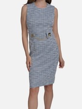 Halston Women's White Blue Round-Neck Sleeveless Tweed Sheath Dress Size 14