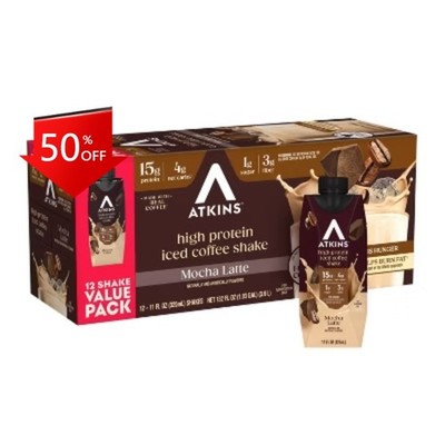 Atkins Mocha Latte Iced Coffee Caffeinated Protein Shake - 12pk/132 fl oz