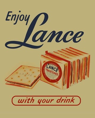 ENJOY LANCE SQUARE CRACKERS W/ YOUR DRINK 15'' HEAVY DUTY USA MADE METAL ADV SIGN
