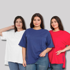 1X 2X 3X Women's Oversized Front Pocket Cotton T Shirt Raw Edge Hi-Low Hem Top