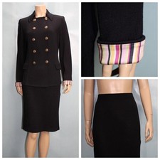 St John Collection Jacket Skirt 2pc Suit Black M 8 Gold Buttons Stripe Trim
