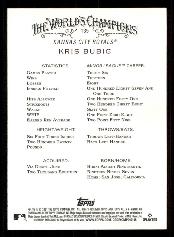 2021 Topps Allen and Ginter Silver #135 Kris Bubic - Image 2 of 2