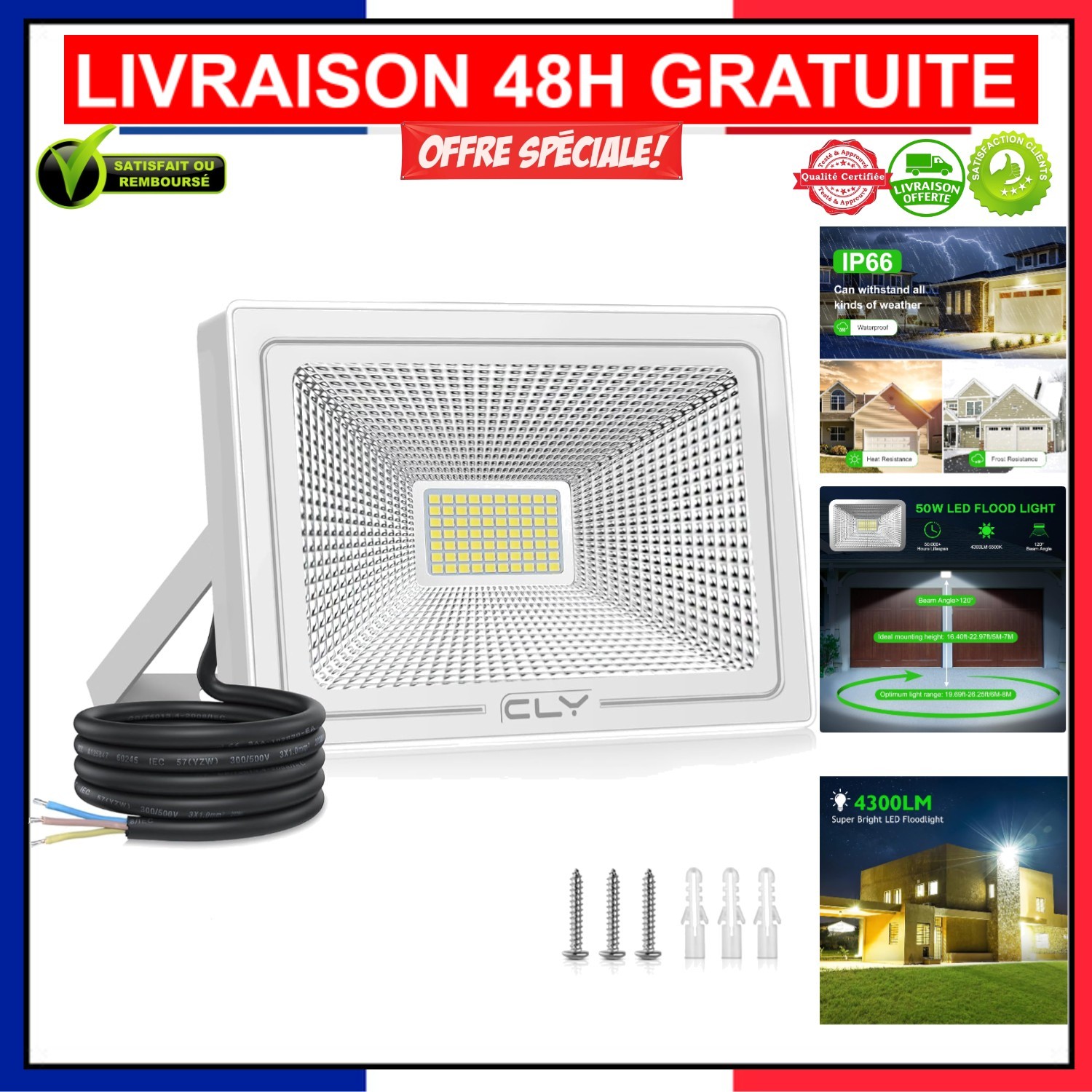 Projecteur LED 50W lumière extérieure 6500K projecteur plat blanc froid cour