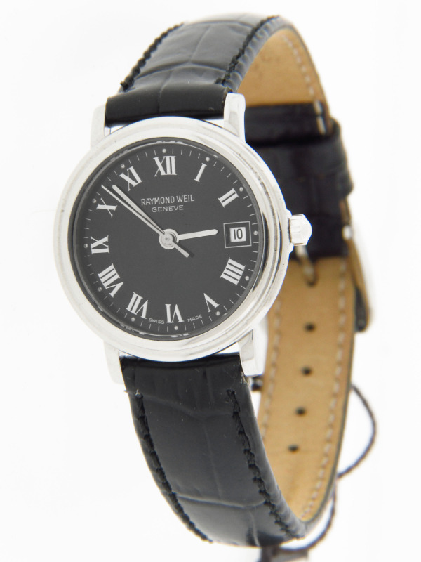 Женские часы Raymond Weil 5374 Tradition с круглым стальным корпусом и черным циферблатом из кожи