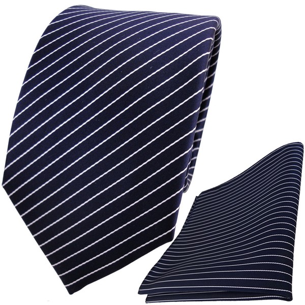 Tigertie Designer Krawatte + Einstecktuch In Blau Dunkelblau Silber Gestreift-image
