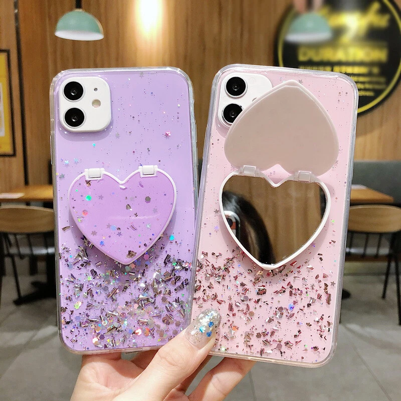 Makeup Mirror Mobile Phone Case Bling Heart Shaped Mirror Phone Case for  iPhone