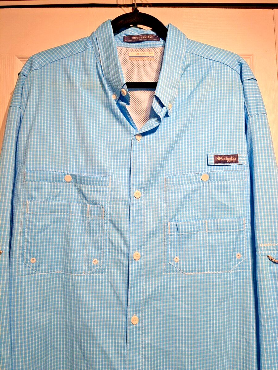 Columbia Super Tamiami Chemise Homme Large Bleu Blanc Plaid PFG Omni