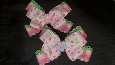 Lot of two Handmade Girl Hair bows Roses on pink