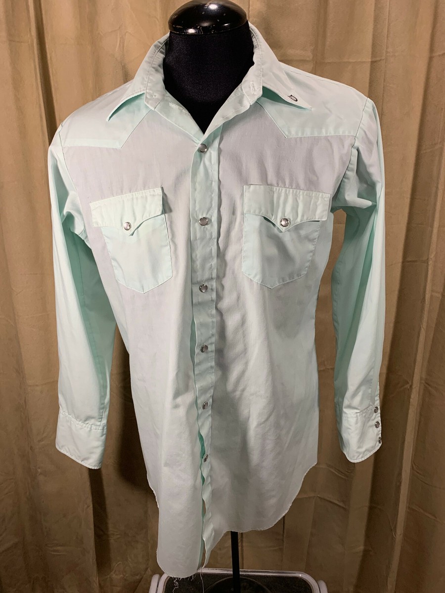 Men Vtg 70s H Bar C Western Shirt 16 1/2 L Solid Mint L/S Poly/cot 