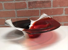 11" Vintage Studio ART Glass Bowl Centerpiece Hand Blown MCM Red Black Swirl