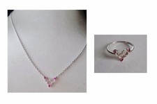 SET PARURE COLLANA ANELLO DONNA RAGAZZA CUORE ZIRCONI COLOR RUBINO ROSA ROSSO