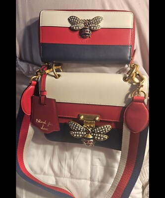  Authentic PURSE  Gucci BEE Queen Margaret  Shoulder Bag & Matching WALLET USA 