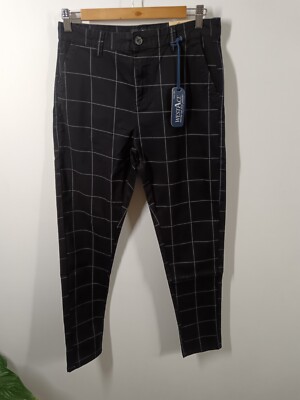 WestAce Herren Karo Stretch Chino Chinohose W30-L32 Neu mit Etikett Baumwolle Grau Schwarz 