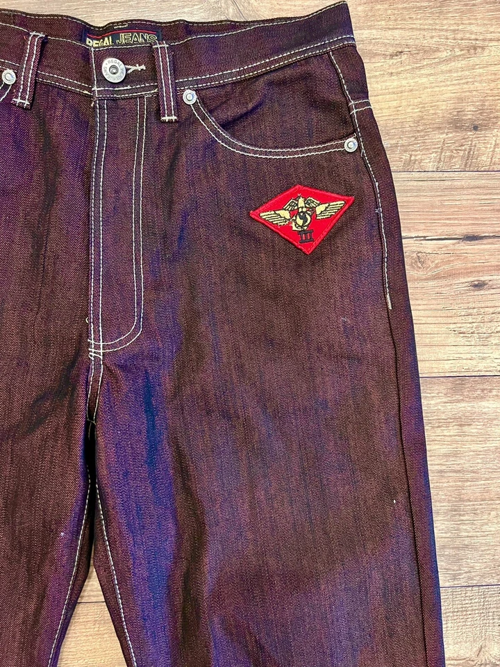 Pantalones de mezclilla Regal Wear para hombre talla 34 negros sobre rojos bordados bolsillos traseros con solapa Foto 3 de 4