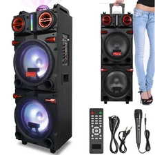 Portable Bluetooth Speaker Dual 10'' Subwoofer Big Heavy Bass Sound Karaoke +Mic