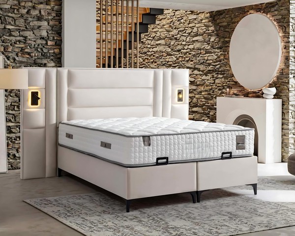 Elegantes WeißEs Bett Mit Matratze Aus Textil Und Holz-image