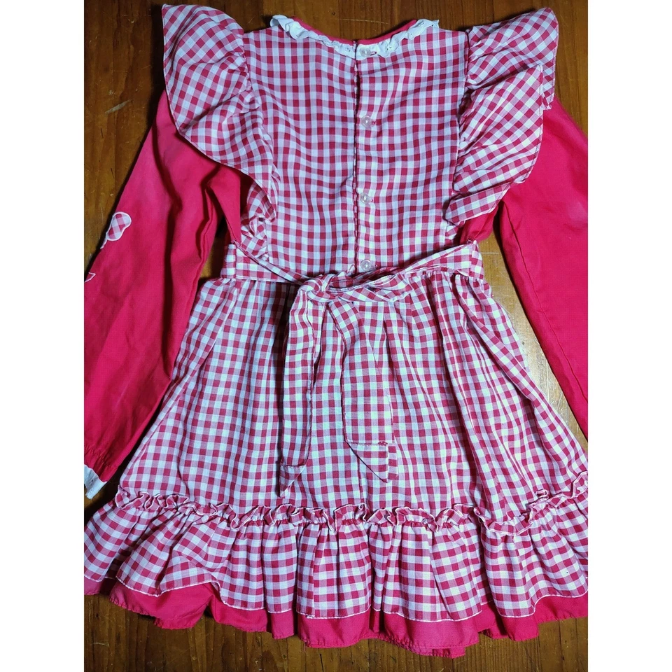 Vintage Winnie the Pooh Sears Girls Gingham Ruffle Dress 6X Red White - Image 2 of 4