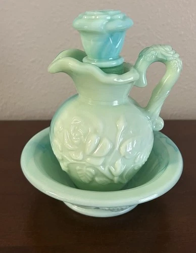 Vintage Avon Green/Teal Swirl Milk Glass Decanter Pitcher Stopper Bowl Empty