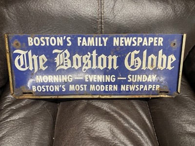 Vintage The Boston Globe Newspaper Steel Stand Sign Rare 17 x6.5  Boston Ma
