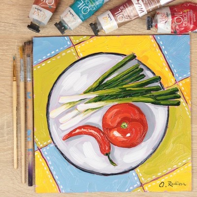 Original Still Life Oil Painting Kitchen Food Art Tomato Chili Green Onion