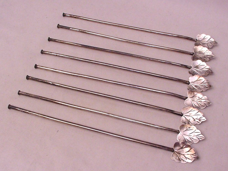 Set of 8 Sterling Silver Spoon Straws Leaf Pattern Mexico RM Makers Mark