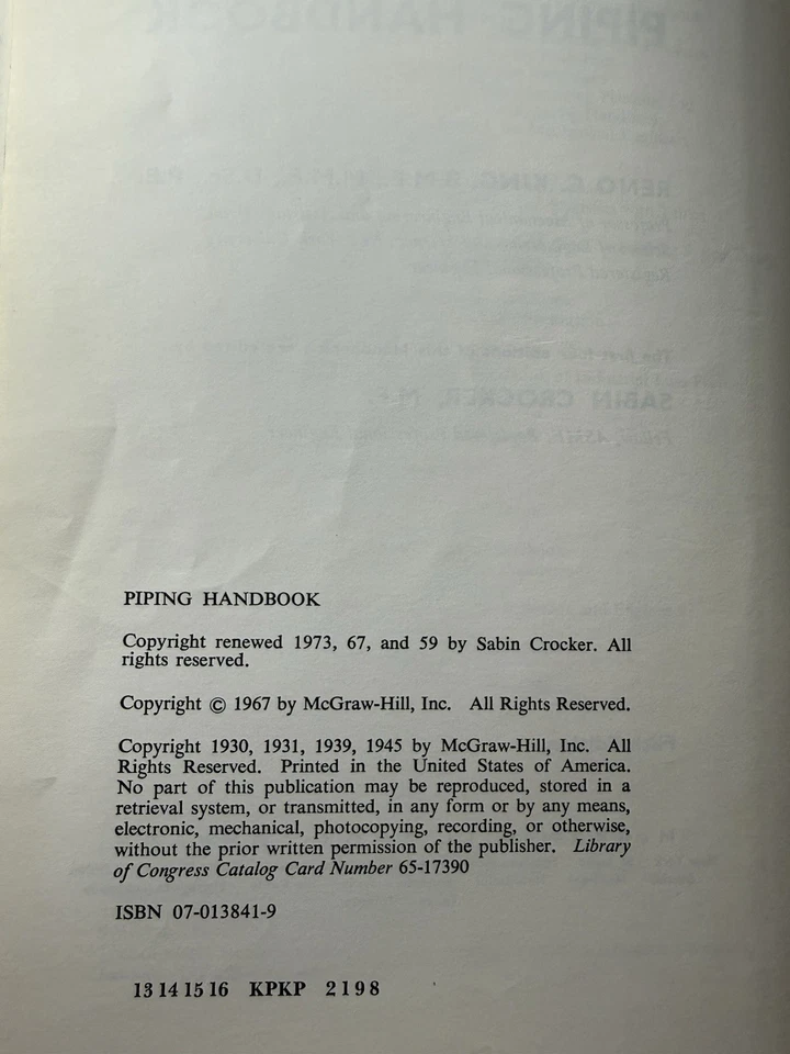 Piping Handbook by Sabin Crocker (1967, Hardcover) 1973 Print. - Image 2 of 3