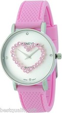 GENEVA PINK SILICONE BAND WHITE DIAL CRYSTALS HEART ROUND DIAL WATCH-NEW