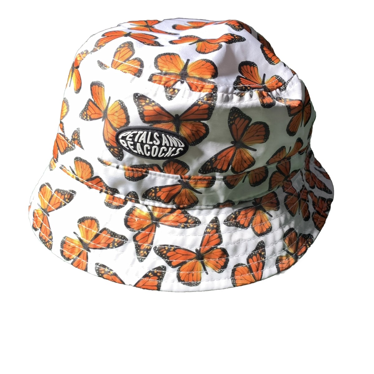 Petals and Peacocks Bucket Hat Butterfly Print White Orange One