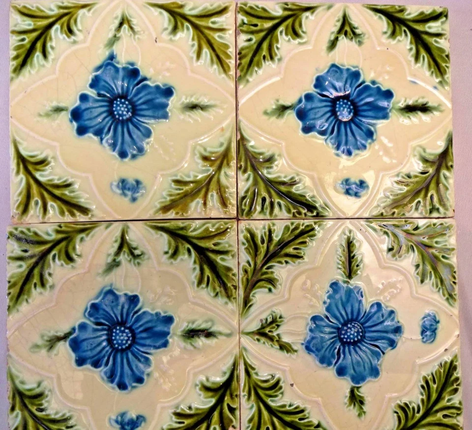 TILE MAJOLICA VINTAGE ENGLAND ART NOUVEAU PORCELAIN FLOWER PURPLE 4 PIECE SET#11 - Image 2 of 4
