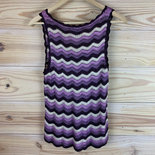 Oscar de la Renta Top Small Crochet Purple Striped Open Knit Scoop Neck Boho Y2K - Picture 8 of 11