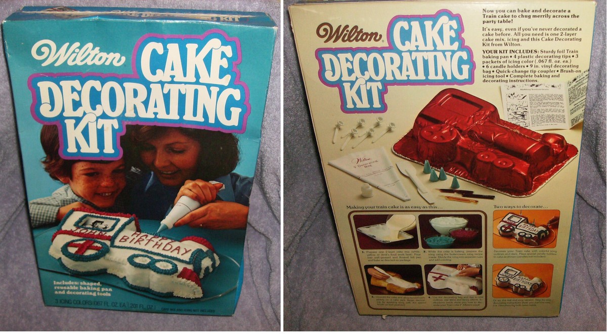 WILTON TRAIN CAKE DECORATING COMPLETE SET PAN ICING COLORS COUPLER TIPS BAG 