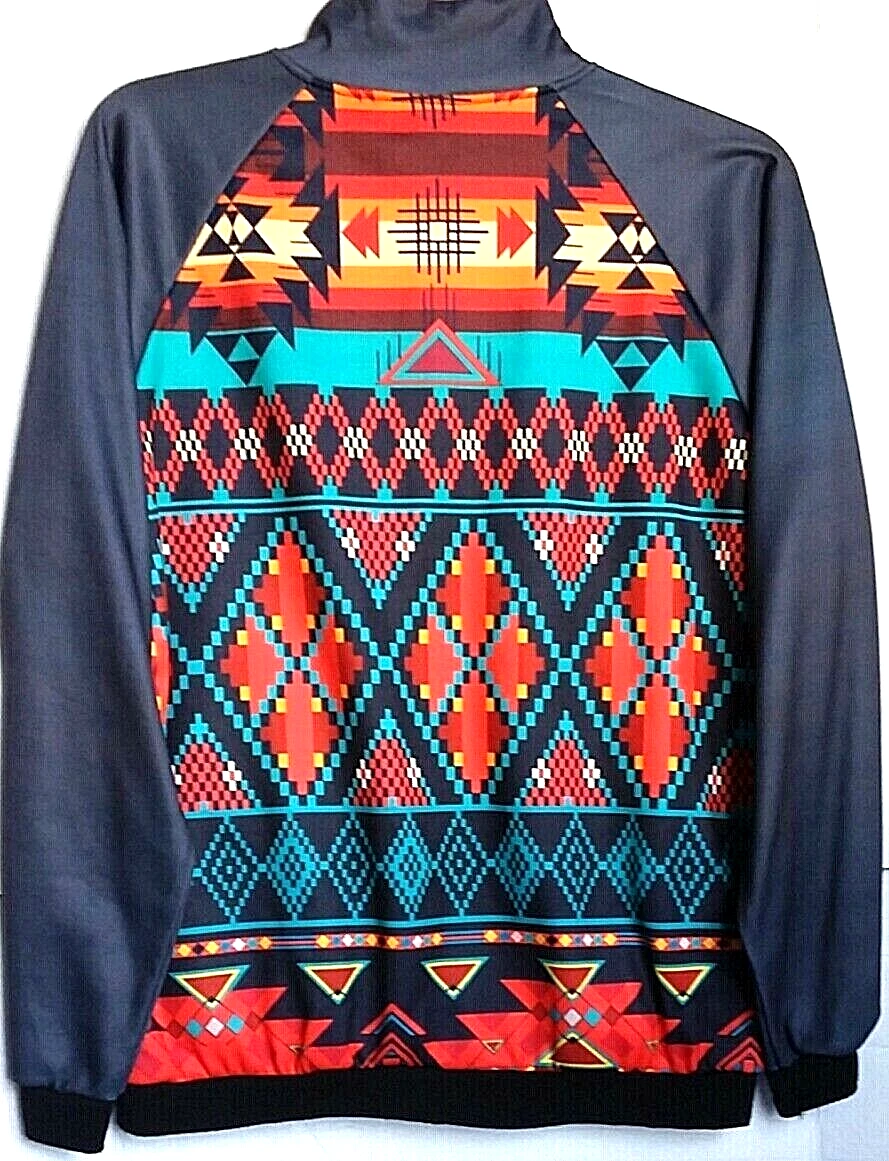 Blue Tribe Pattern Native American Aztec Adult Size XL Full Zip Gray Jacket