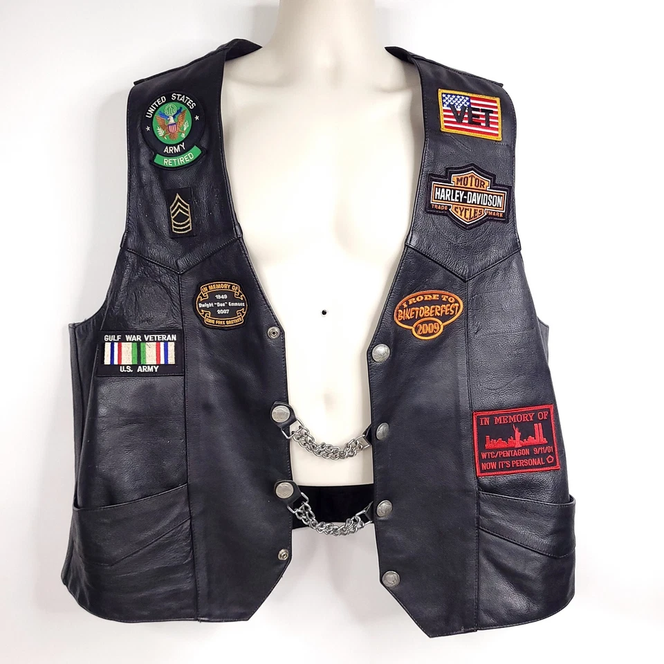 UNIK Leather Vest Biker Motorcycle Mens 54 Harley Davidson Army Vet Patch Chain - Image 3 of 4