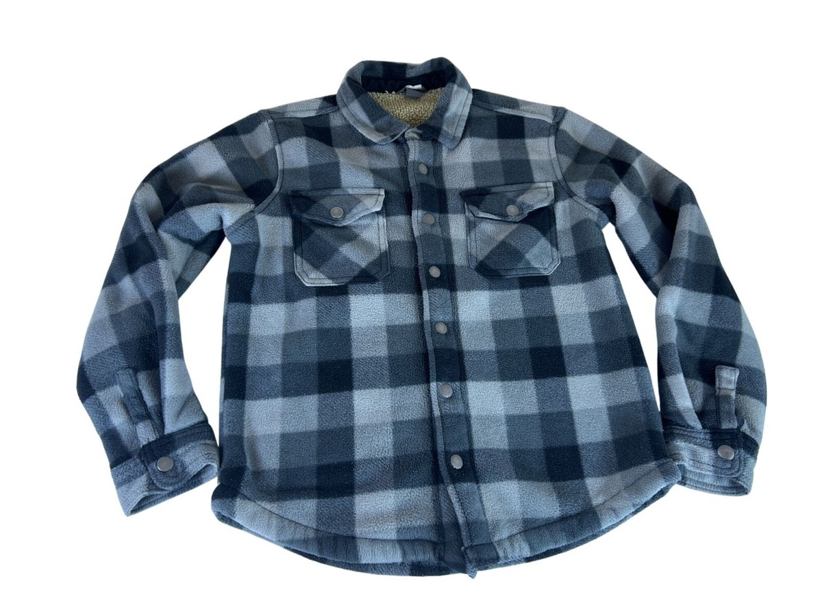 Eddie Bauer Fleece Lined Plaid Shirt Jacket Boys 10-12 Blue Gray Button Up  Fall