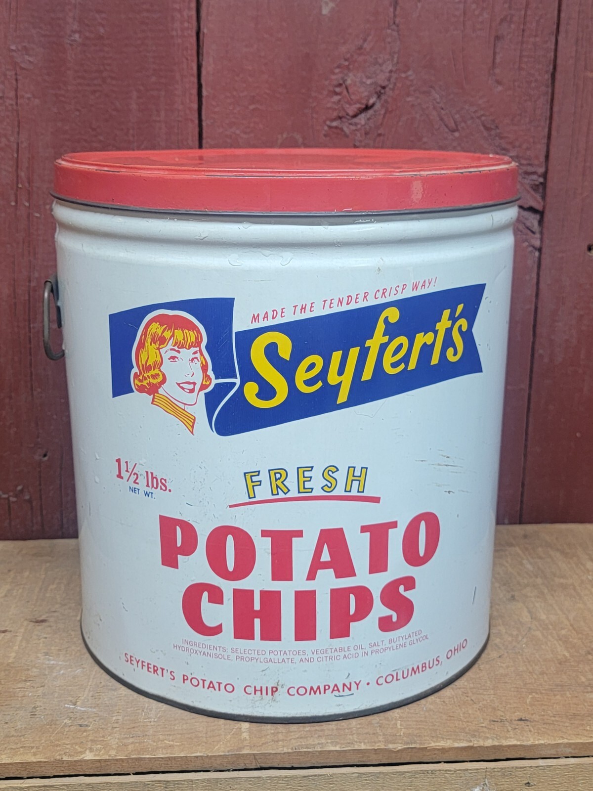 VINTAGE SEYFERT'S POTATO CHIP CAN 1 1/2 lbs Columbus Ohio RARE