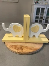 Wood Elephant Bookends, Yellow & White, Kids Children Creative Concepts, EUC