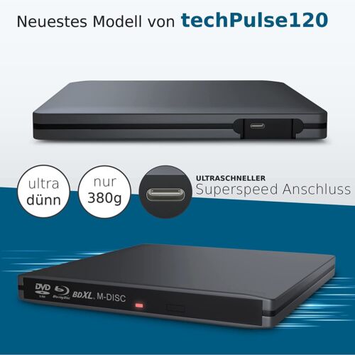 techpulse120 USB 3.1 Typ-C externer Blu-ray Brenner Player Laufwerk BD DVD Grau - Bild 3 von 7