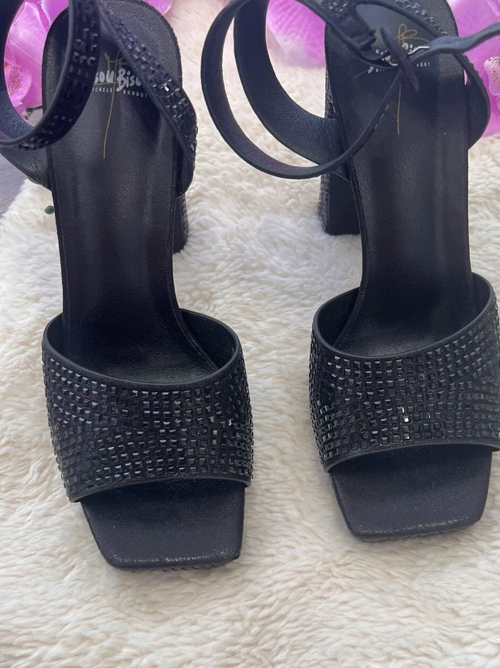 Bisou Bisou Black Size 7.5 Open Toe Heels Platforms Bling Stones & Ankle Closure - Image 3 of 4