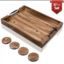 Tray with Handle for Living Room – Set of 4 Natural Wooden Coasters – Rustic...