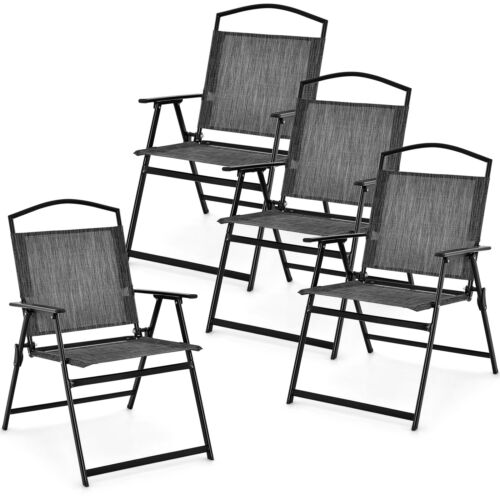 Patio Folding Dining Chairs Set of 4 w/Cozy Seat Fabric & Heavy-Duty Metal Frame