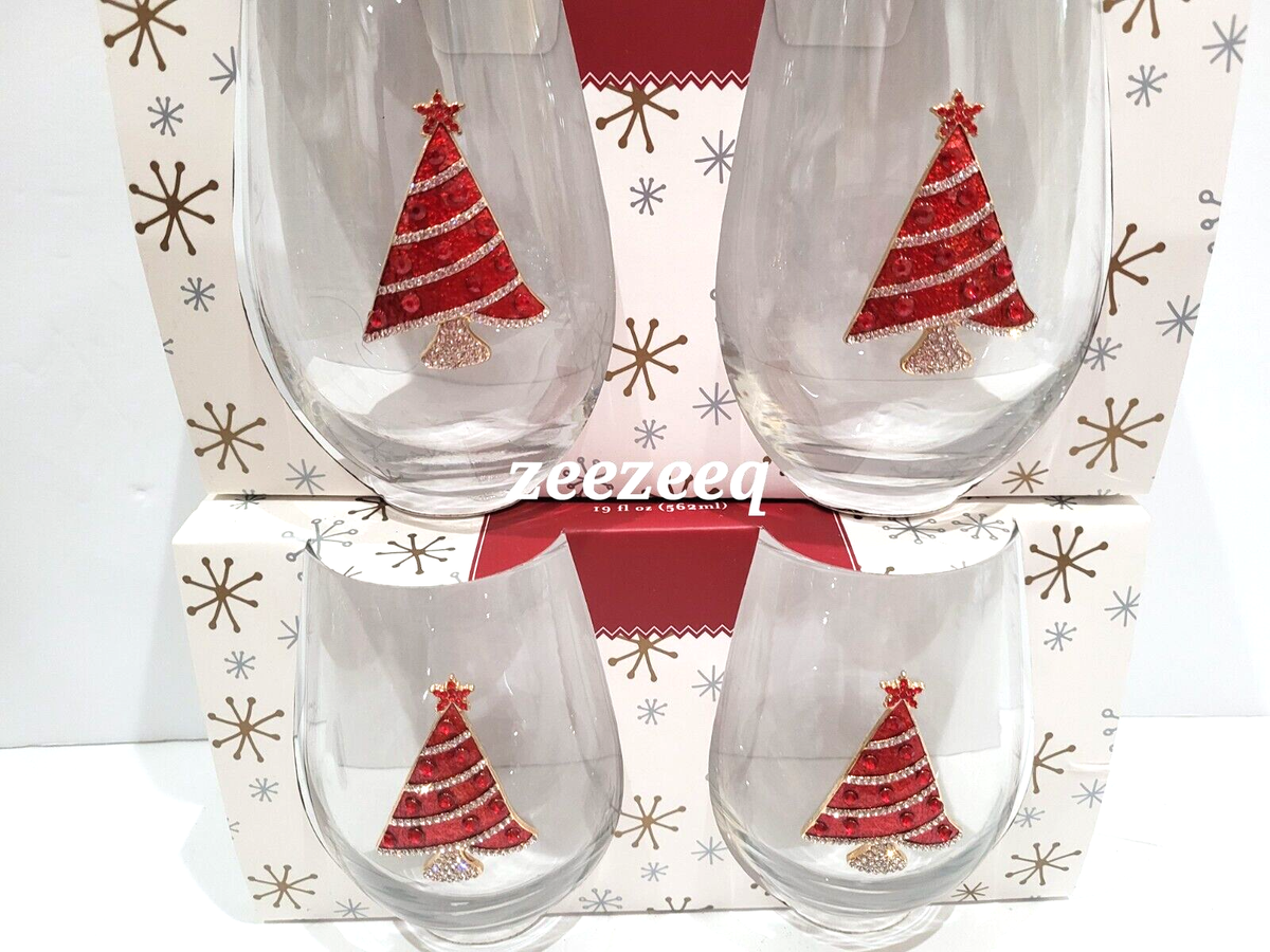 Christmas Rhinestones Jeweled Christmas Tree Red Stemless Wine Glasses Set  of 4 | eBay